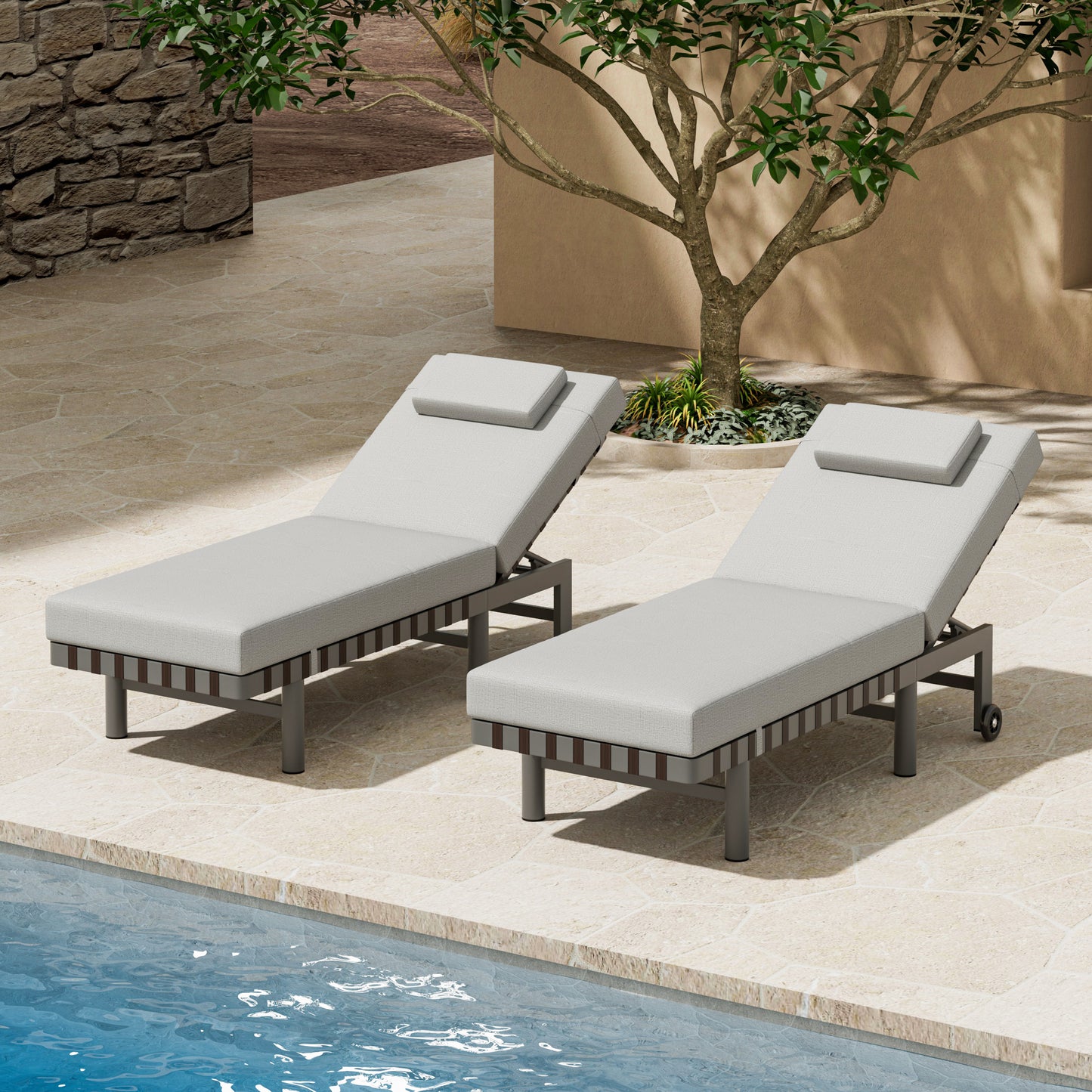 2 Piece Outdoor Chaise Lounge with Wheels